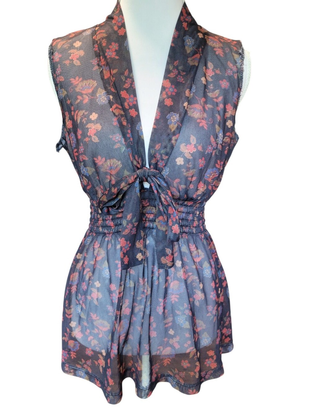 Eyeshadow Mesh Floral Print Sleeveless Vneck Smocked Waist Blouse